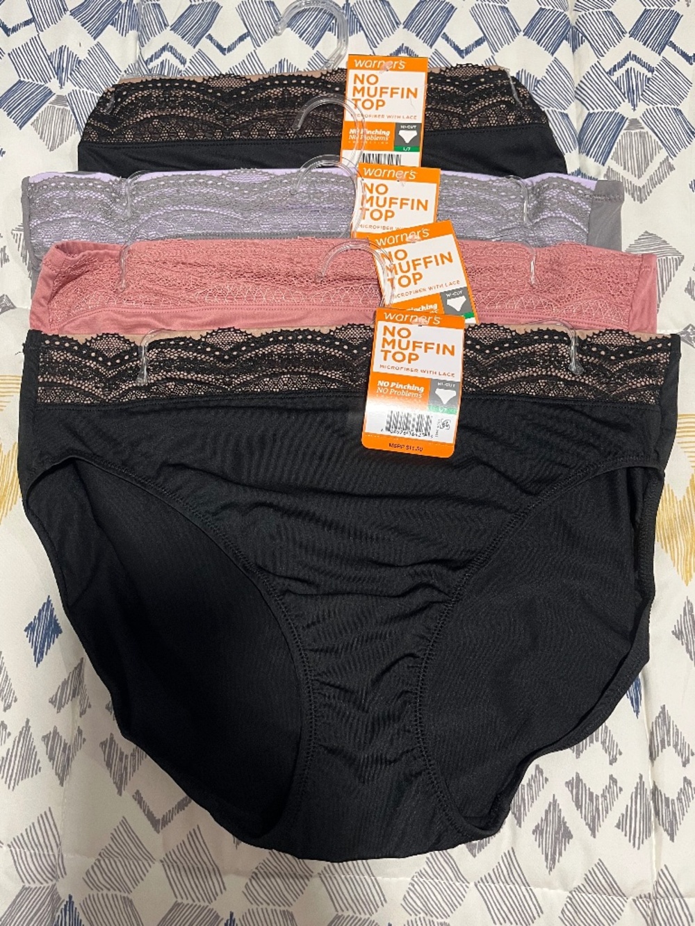 Warner’s No Muffin Top Microfiber Lace Top Hi-Cut Bundle of 4 Pair Size L/7 NWT
